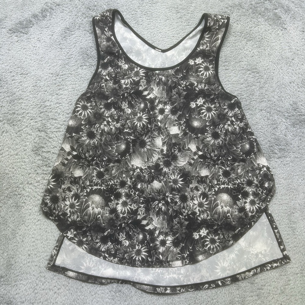 Lululemon Flowabunga Split Top Women's 4 Black Floral‎ Print Gym Yoga Run Active